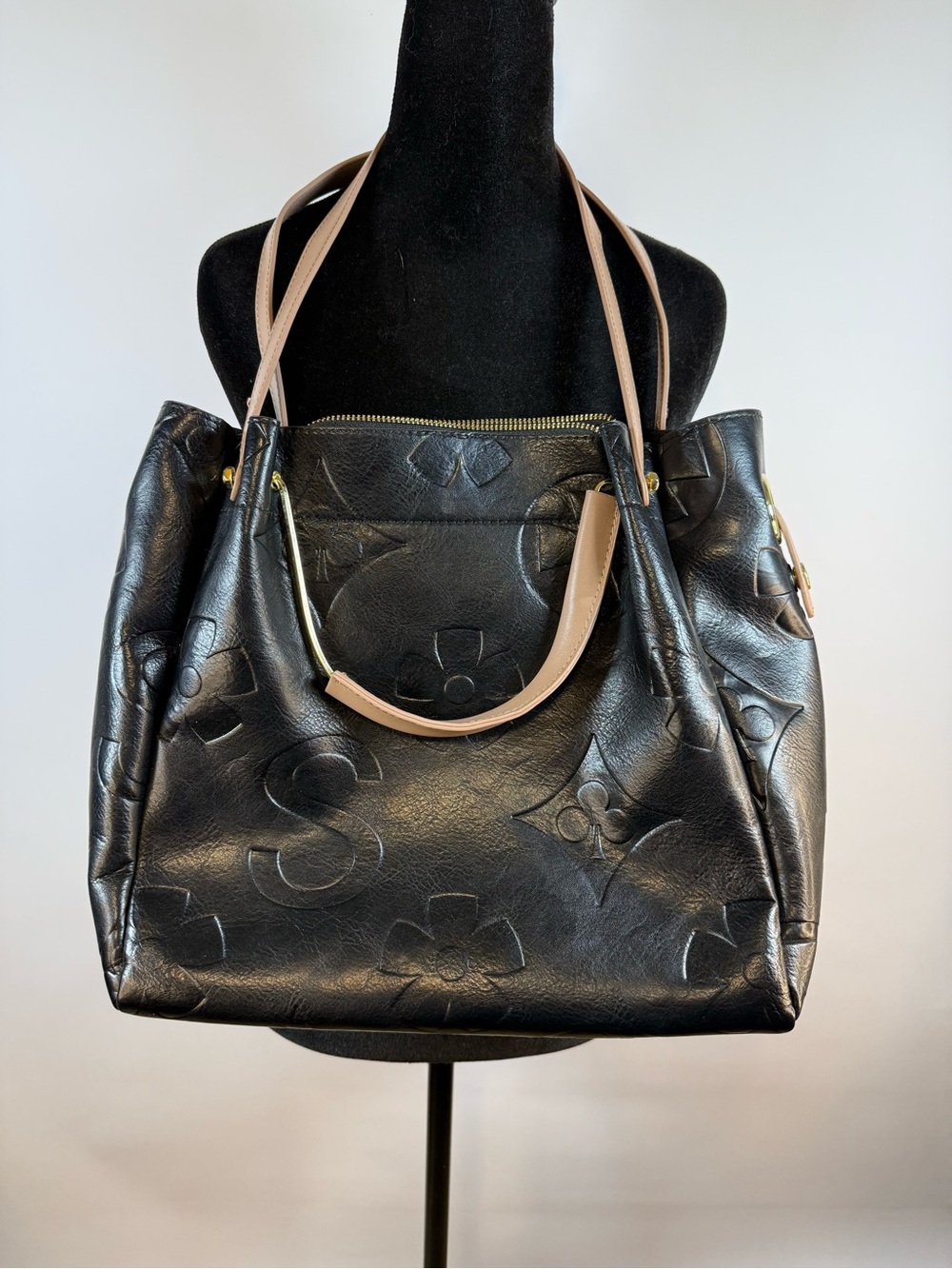 Black Monogram Embossed Faux Leather Tote Shoulder Bag Large Everyday Chic Purse - Picture 3 of 8